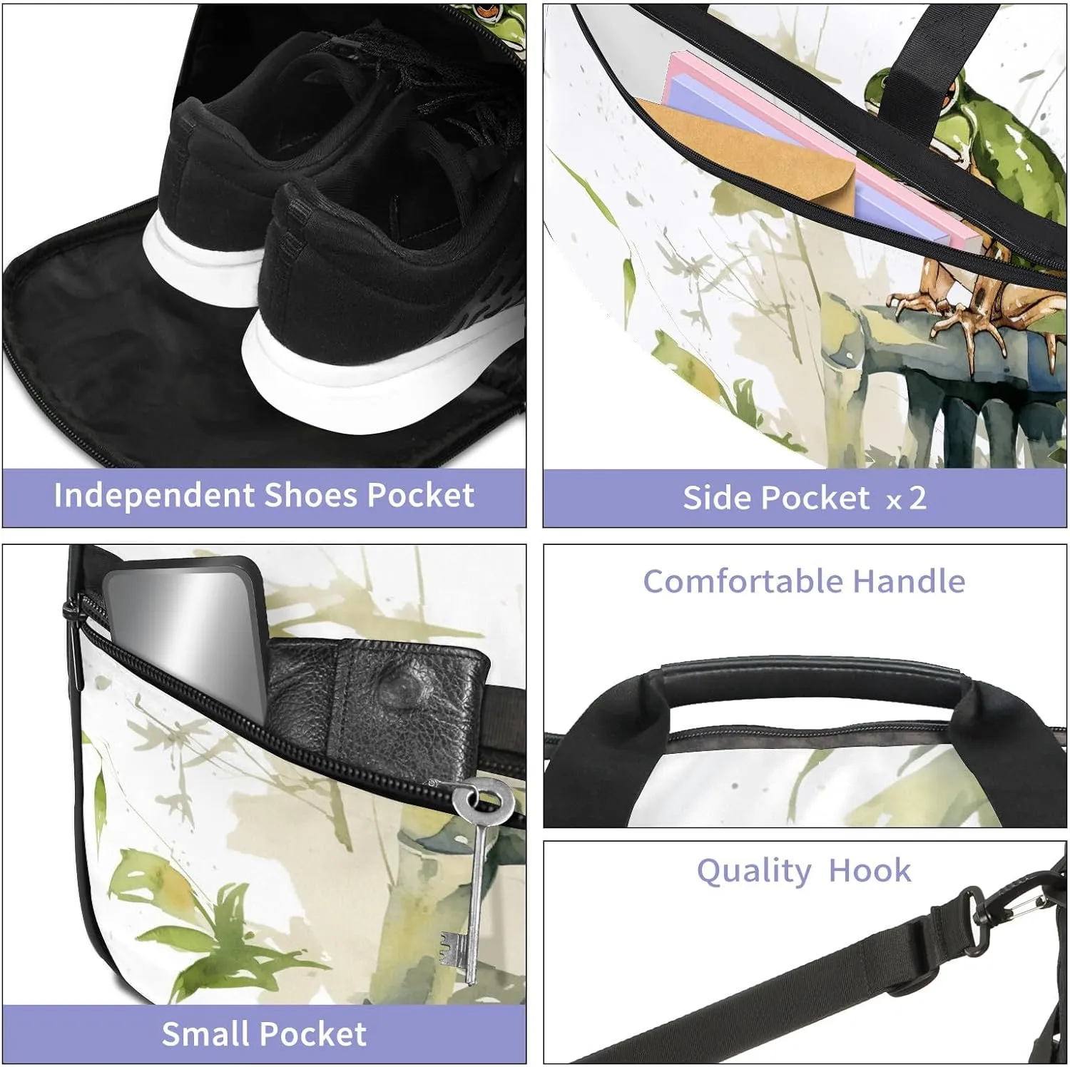 Sports Gym Bag for Women, Sport Duffle Workout Bags with Shoe Compartment, Small Womens Gym Bags, Chinese Painting Frog - 2