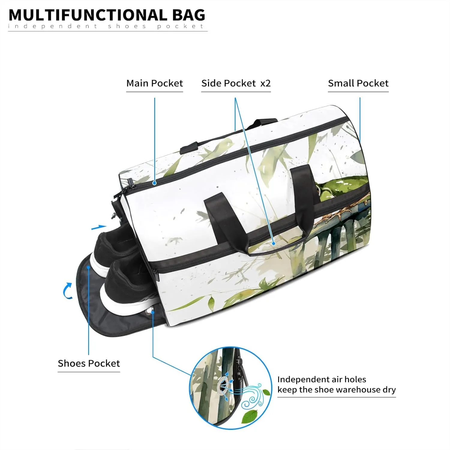 Sports Gym Bag for Women, Sport Duffle Workout Bags with Shoe Compartment, Small Womens Gym Bags, Chinese Painting Frog - 2