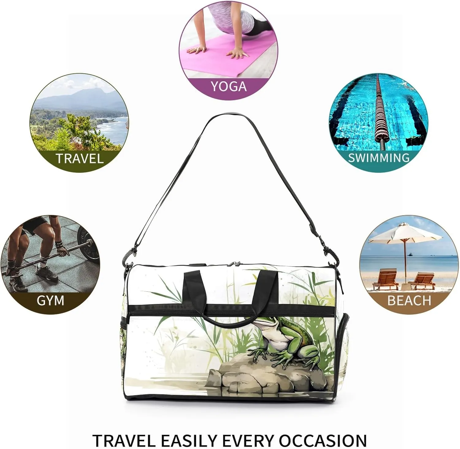 Sports Gym Bag for Women, Sport Duffle Workout Bags with Shoe Compartment, Small Womens Gym Bags, Chinese Painting Frog - 3