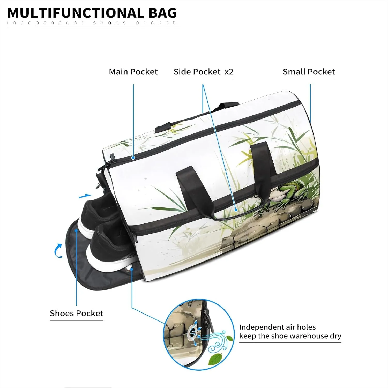 Sports Gym Bag for Women, Sport Duffle Workout Bags with Shoe Compartment, Small Womens Gym Bags, Chinese Painting Frog - 3