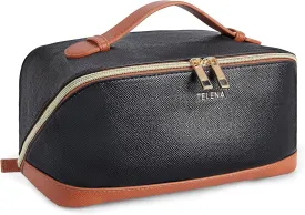 Telena Makeup Bag Large Capacity Travel Cosmetic Bag Portable PU Leather Water Resistant Makeup Organizer Bags for Women with Handle and Divider Open Flat Black with Brown