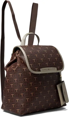 Tommy Hilfiger Kennedy II Flap Backpack w/Hangoff-Coated Square Monogram Chestnut/Heritage Brown/Gold Metallic Trim One Size