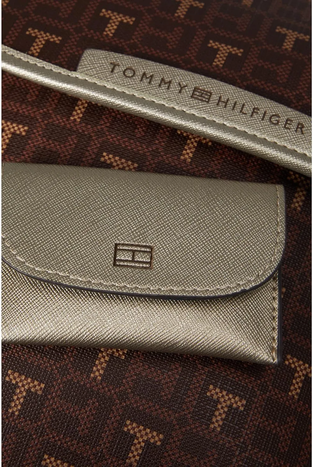 Tommy Hilfiger Kennedy II Flap Backpack w/Hangoff-Coated Square Monogram Chestnut/Heritage Brown/Gold Metallic Trim One Size