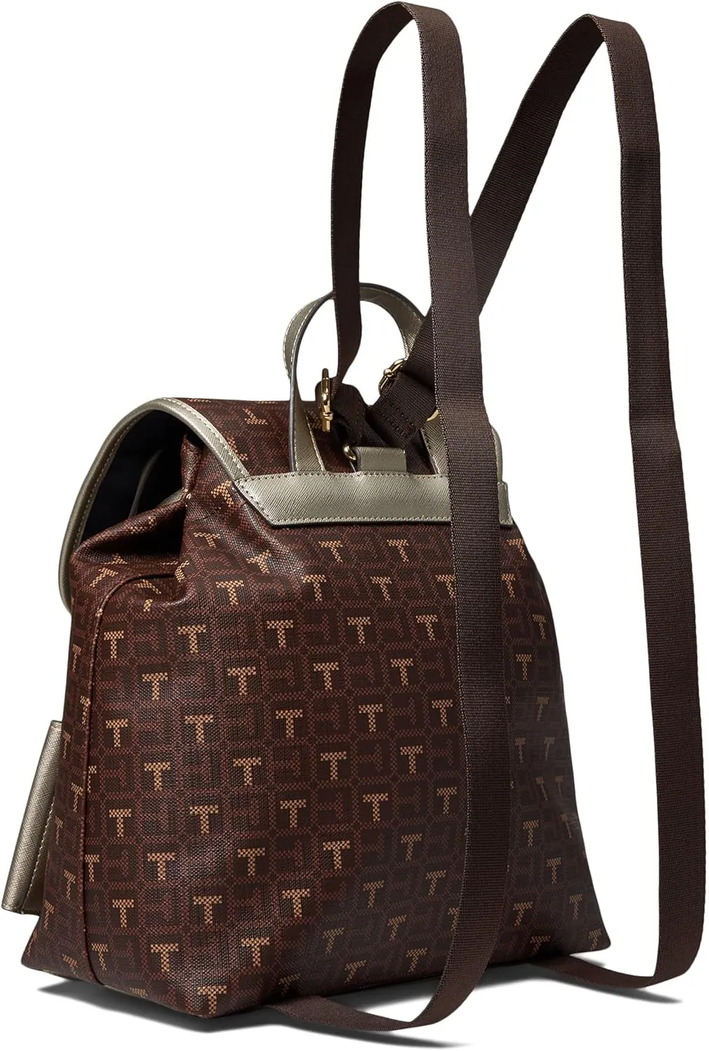 Tommy Hilfiger Kennedy II Flap Backpack w/Hangoff-Coated Square Monogram Chestnut/Heritage Brown/Gold Metallic Trim One Size