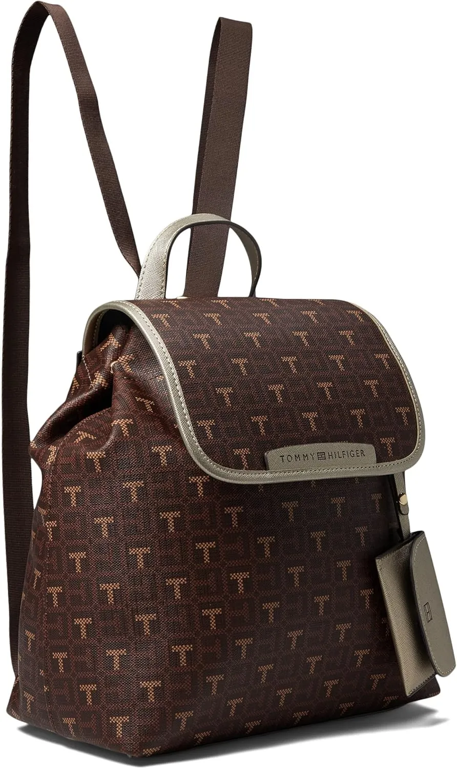 Tommy Hilfiger Kennedy II Flap Backpack w/Hangoff-Coated Square Monogram Chestnut/Heritage Brown/Gold Metallic Trim One Size