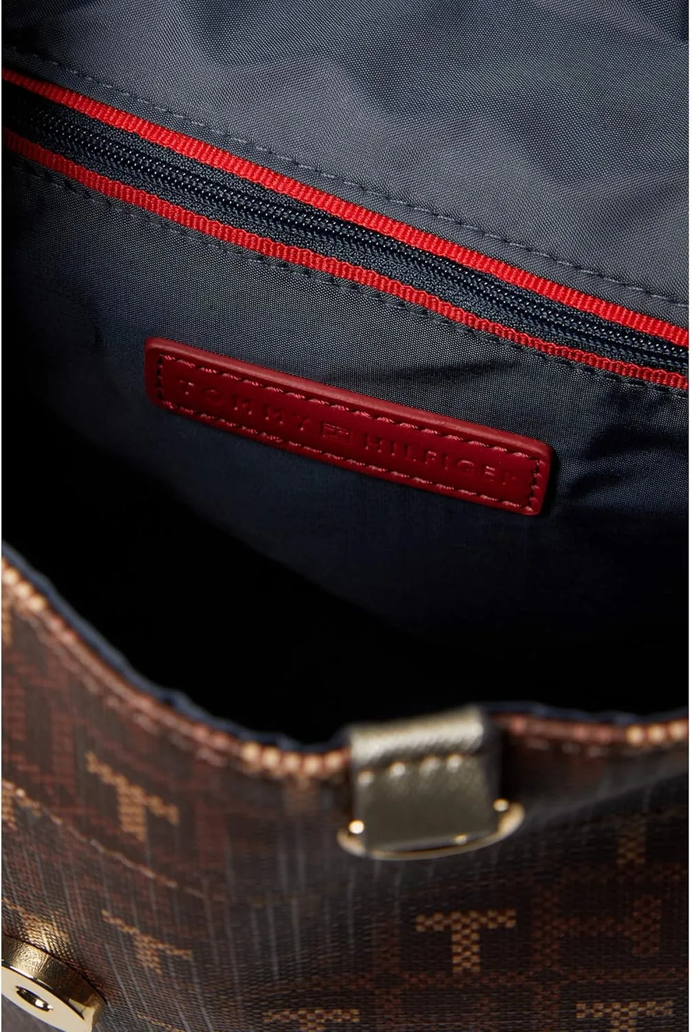Tommy Hilfiger Kennedy II Flap Backpack w/Hangoff-Coated Square Monogram Chestnut/Heritage Brown/Gold Metallic Trim One Size