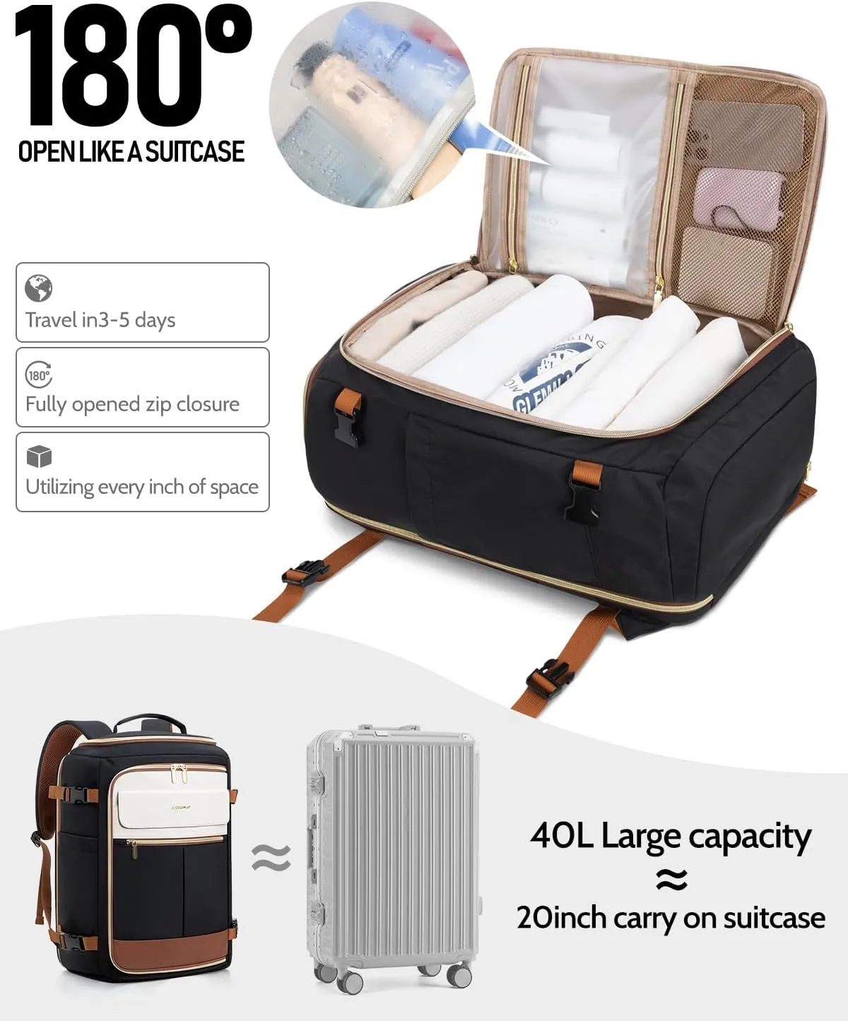 Travel Backpack for Women, 40L Carry On Backpacks Flight Approved, 18x14x8 Inches Personal Item Travel Bag, Large Backpack for Travel fits 17.3 Laptop, Waterproof Weekender Bag