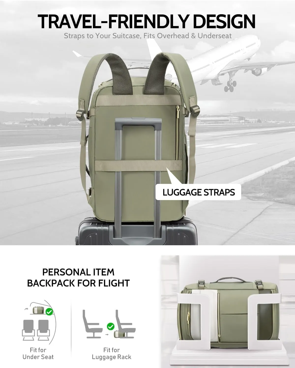 Travel Backpack for Women, 40L Carry On Backpacks Flight Approved, 18x14x8 Inches Personal Item Travel Bag, Large Backpack for Travel fits 17.3 Laptop, Waterproof Weekender Bag