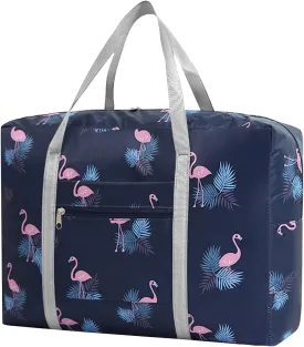 Travel Bag Carry on Duffel Bag Foldable Luggage Spirit Airlines Personal Item Bag Sports Gym Bags Weekender Overnight Bag Nylon Travel Duffel for Women (Navy Blue Flamingo)