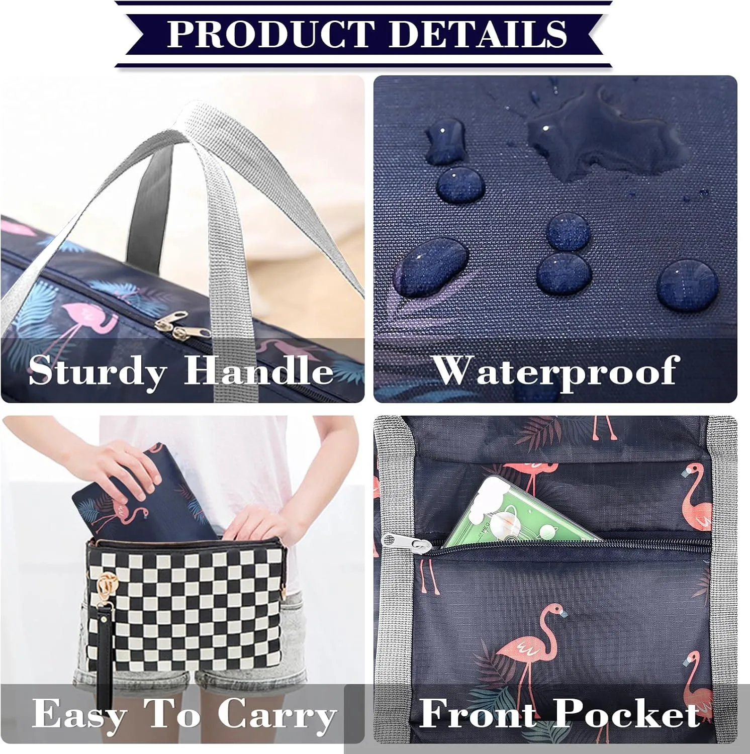 Travel Bag Carry on Duffel Bag Foldable Luggage Spirit Airlines Personal Item Bag Sports Gym Bags Weekender Overnight Bag Nylon Travel Duffel for Women (Navy Blue Flamingo)