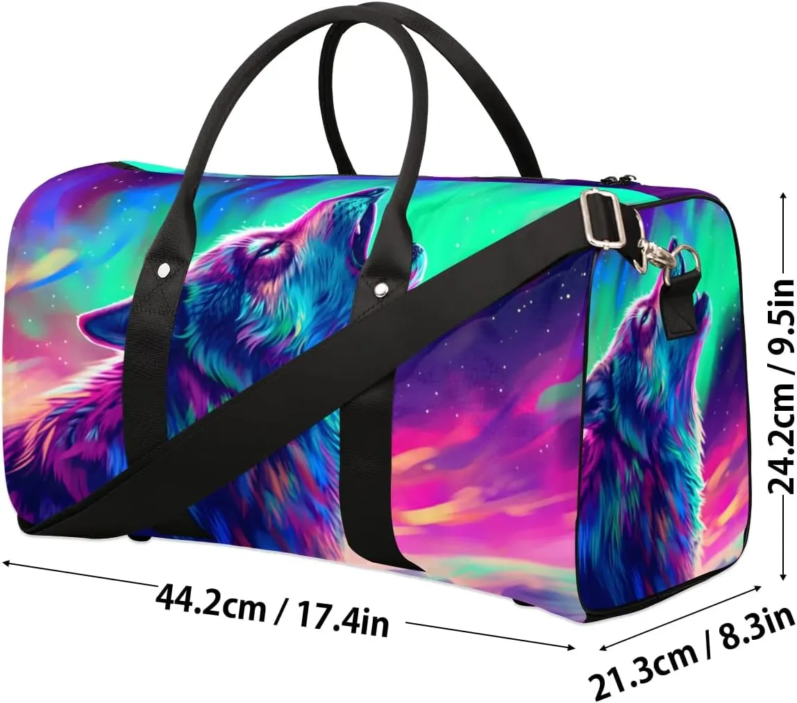 Travel Duffel Bag, Colorful Starry Sky Animal Wolf Sports Tote Gym Bag Foldable Western Aztec Weekender Bag Carry on Luggage Handle Bag Overnight Shoulder Bag for Women Men,A-1777