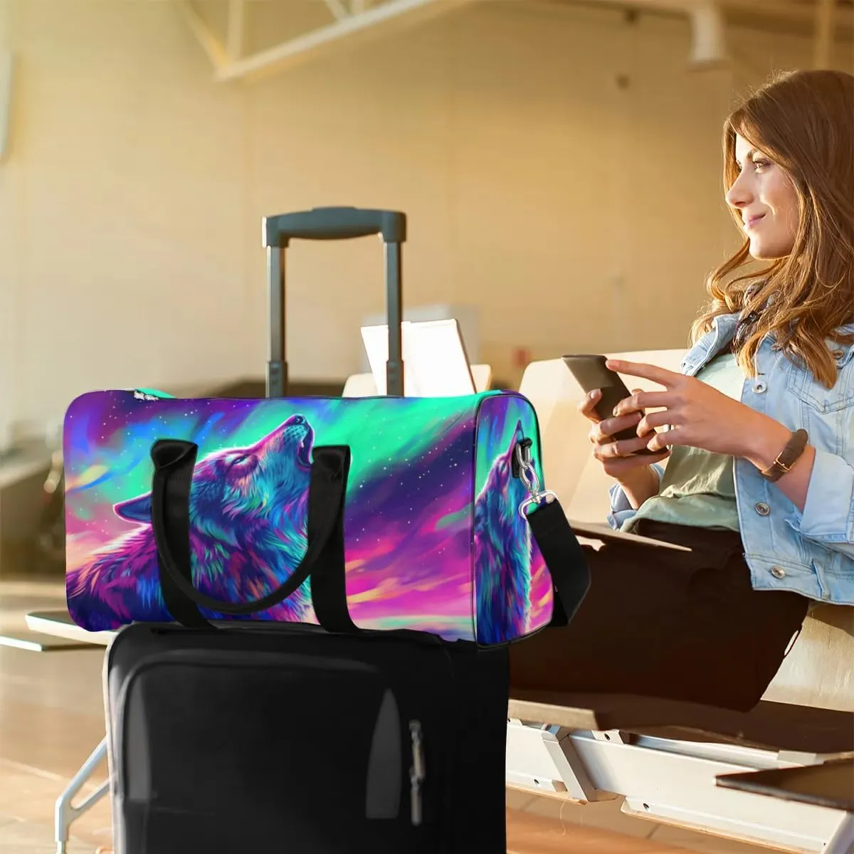 Travel Duffel Bag, Colorful Starry Sky Animal Wolf Sports Tote Gym Bag Foldable Western Aztec Weekender Bag Carry on Luggage Handle Bag Overnight Shoulder Bag for Women Men,A-1777