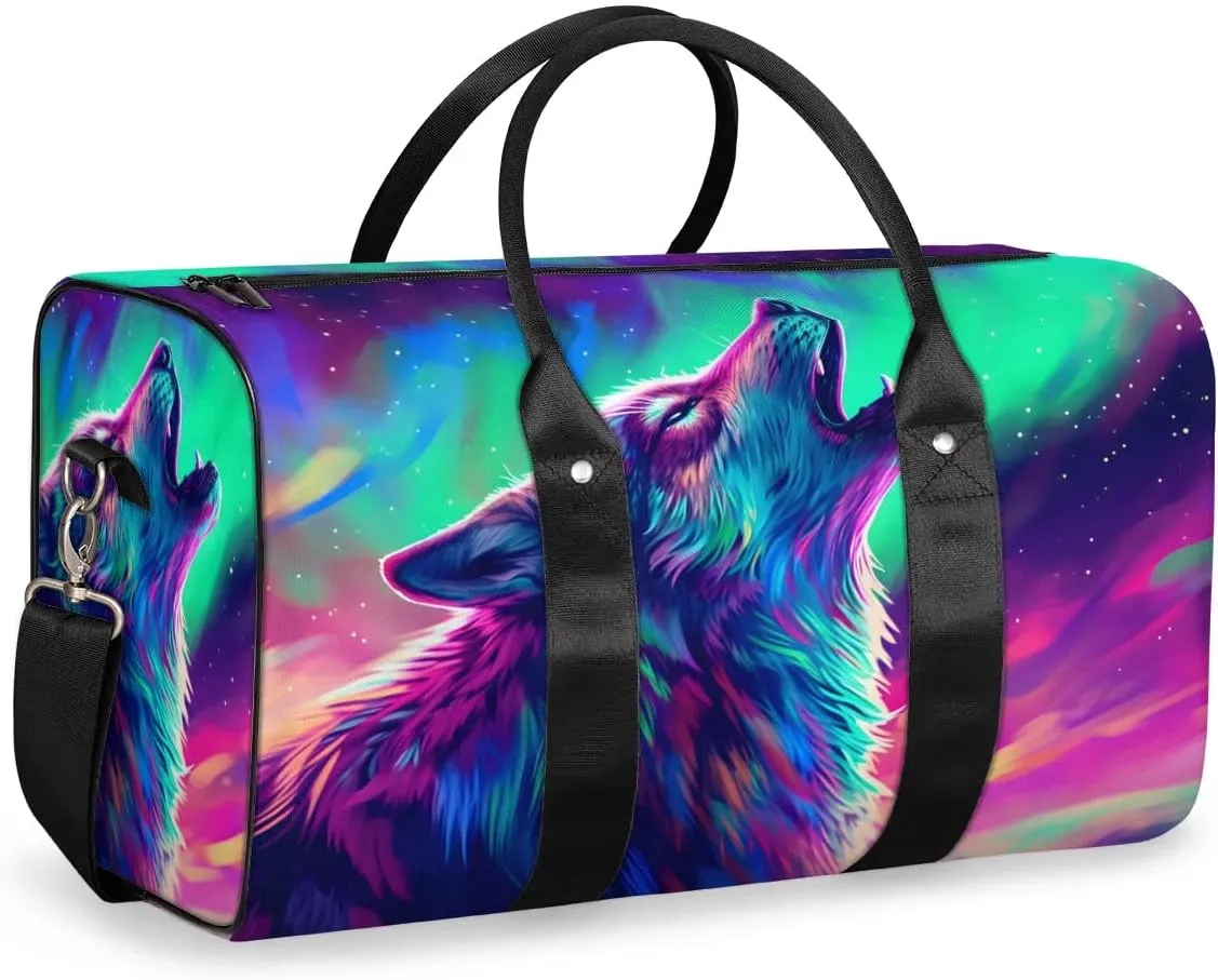 Travel Duffel Bag, Colorful Starry Sky Animal Wolf Sports Tote Gym Bag Foldable Western Aztec Weekender Bag Carry on Luggage Handle Bag Overnight Shoulder Bag for Women Men,A-1777