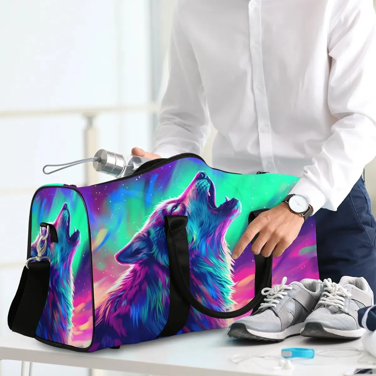 Travel Duffel Bag, Colorful Starry Sky Animal Wolf Sports Tote Gym Bag Foldable Western Aztec Weekender Bag Carry on Luggage Handle Bag Overnight Shoulder Bag for Women Men,A-1777