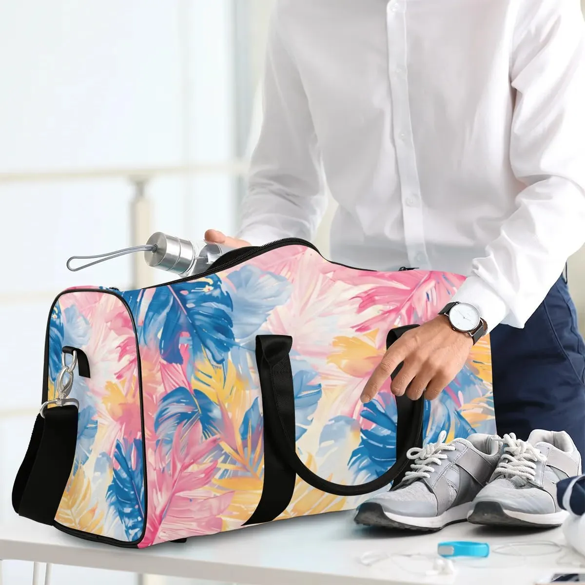 Travel Duffel Bag, Colorful Tropical Palm Leaves Sports Tote Gym Bag Foldable Western Aztec Weekender Bag Carry on Luggage Handle Bag Overnight Shoulder Bag for Women Men,A-1779