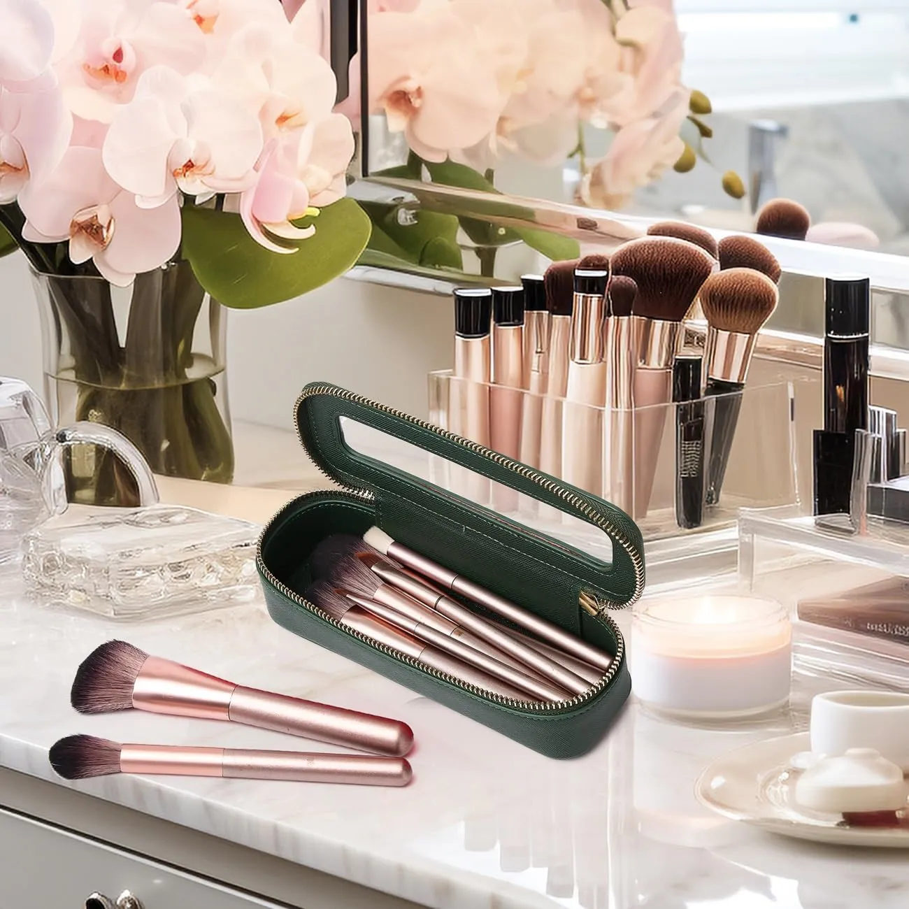 Travel Makeup Bag with Brush Holder Portable Clear Cosmetic Case Waterproof Toiletry Bag Cosmetic Organizer for Women (X/Green, L SLIM)