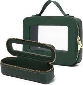 Travel Makeup Bag with Brush Holder Portable Clear Cosmetic Case Waterproof Toiletry Bag Cosmetic Organizer for Women (X/Green, L SLIM)
