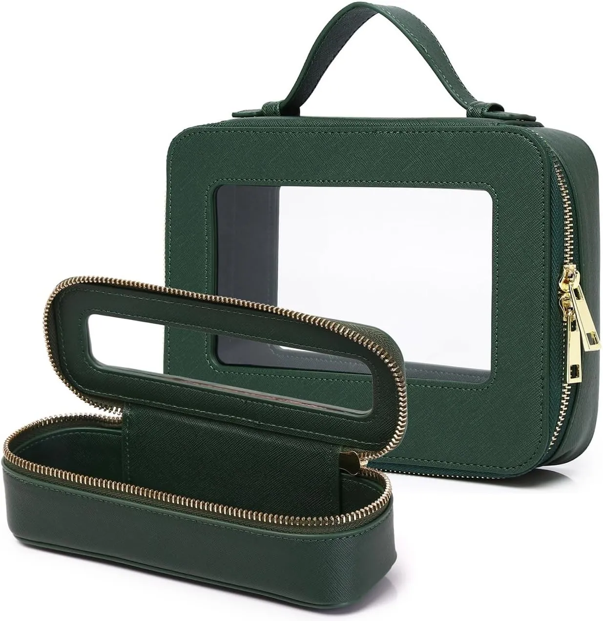 Travel Makeup Bag with Brush Holder Portable Clear Cosmetic Case Waterproof Toiletry Bag Cosmetic Organizer for Women (X/Green, L SLIM)