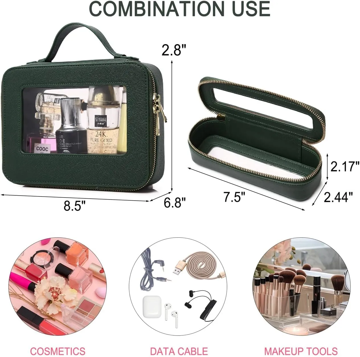 Travel Makeup Bag with Brush Holder Portable Clear Cosmetic Case Waterproof Toiletry Bag Cosmetic Organizer for Women (X/Green, L SLIM)