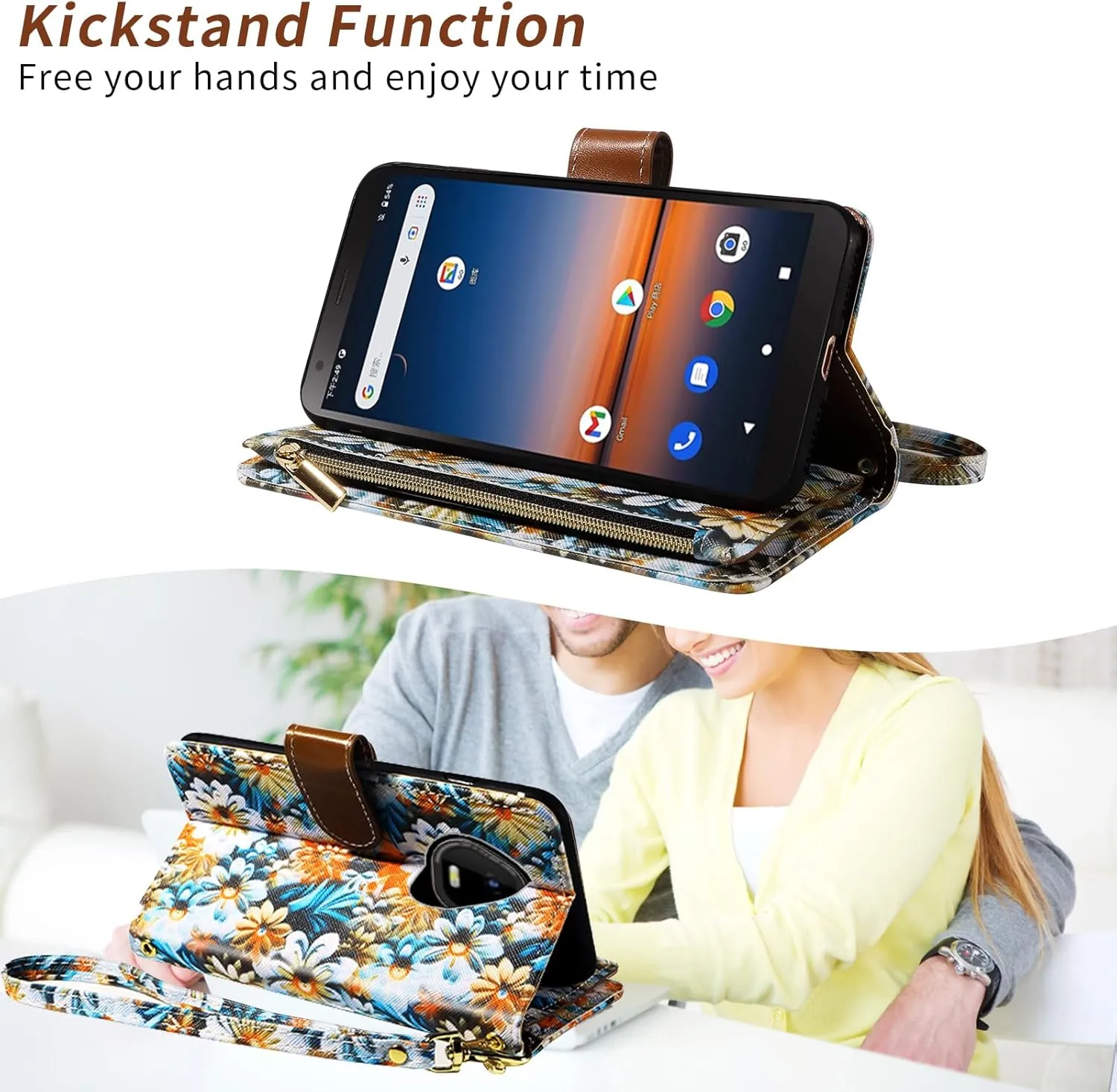 Wallet Case for SCHOK Volt SV55 SV55216 with Wrist Strap Crossbody Shoulder Strap Flower Leather Zipper Purse Card Holder Protector Stand Phone Cover SchokVolt Schock SV 55216 5.45 Girls Brown