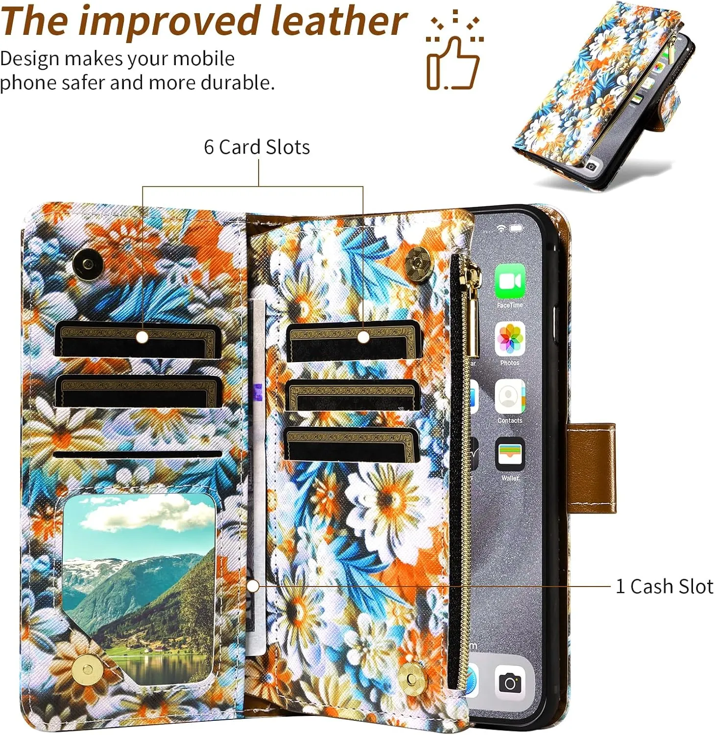 Wallet Case for SCHOK Volt SV55 SV55216 with Wrist Strap Crossbody Shoulder Strap Flower Leather Zipper Purse Card Holder Protector Stand Phone Cover SchokVolt Schock SV 55216 5.45 Girls Brown