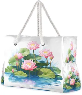 Women Large Beach Bag Water Lotus Pond Travel Tote Bags for Gym Sport Shoulder Bag