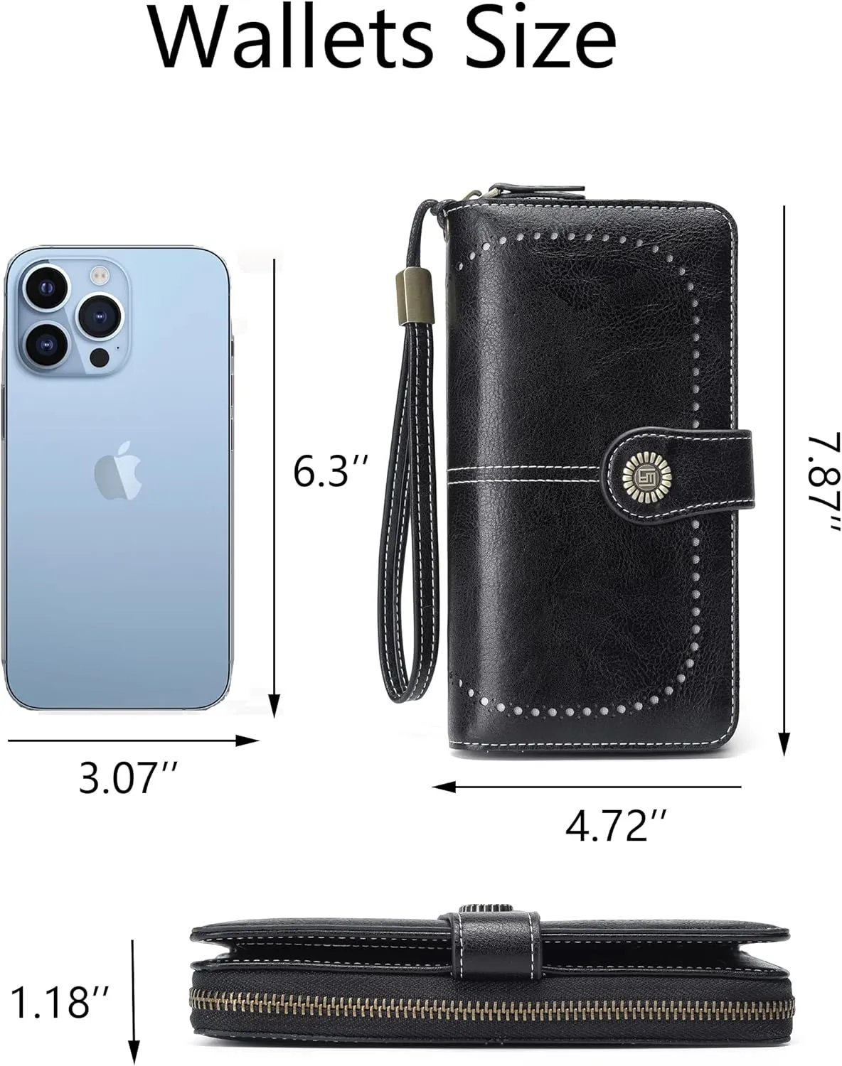 Womens Wallet Leather Large Capacity Card Holder Zipper Wristlet Wallets for Women-black