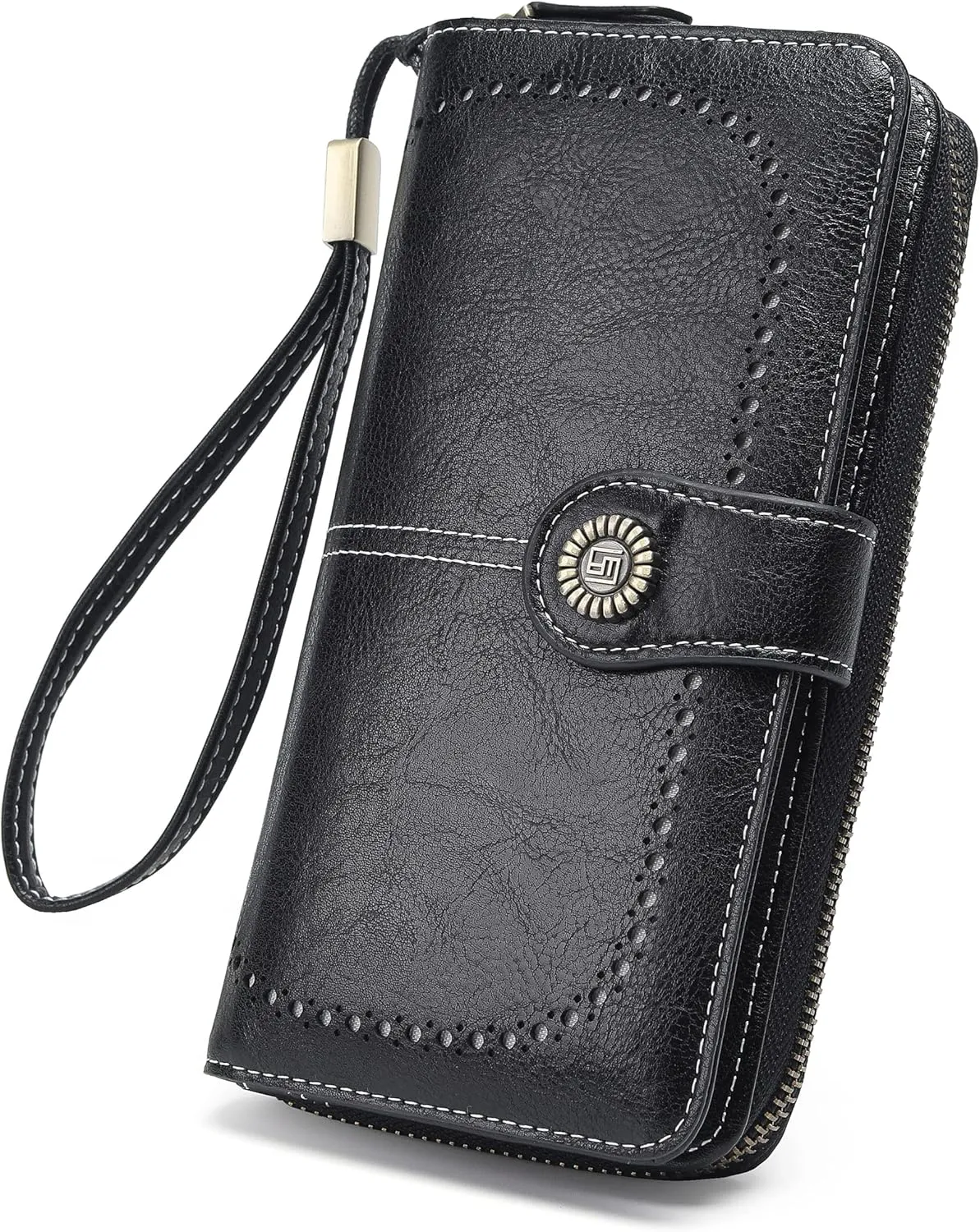 Womens Wallet Leather Large Capacity Card Holder Zipper Wristlet Wallets for Women-black