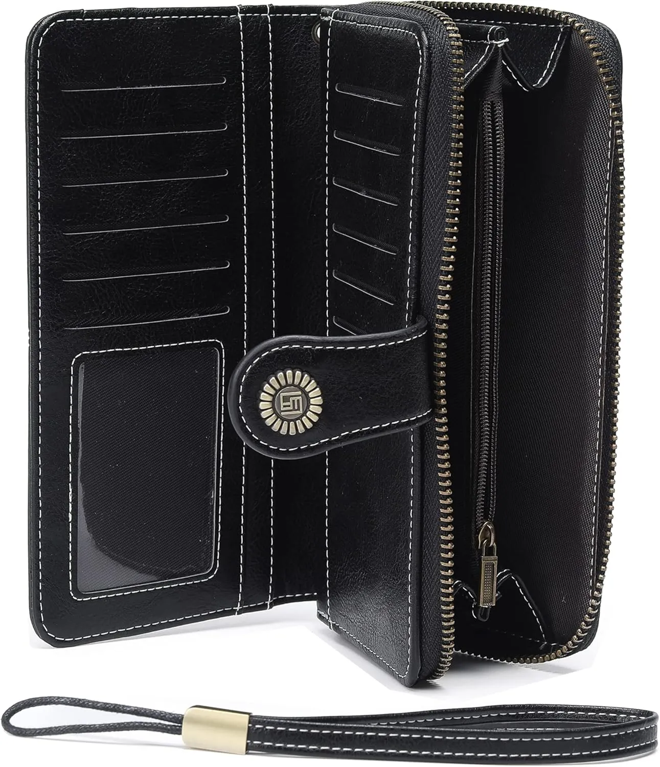 Womens Wallet Leather Large Capacity Card Holder Zipper Wristlet Wallets for Women-black