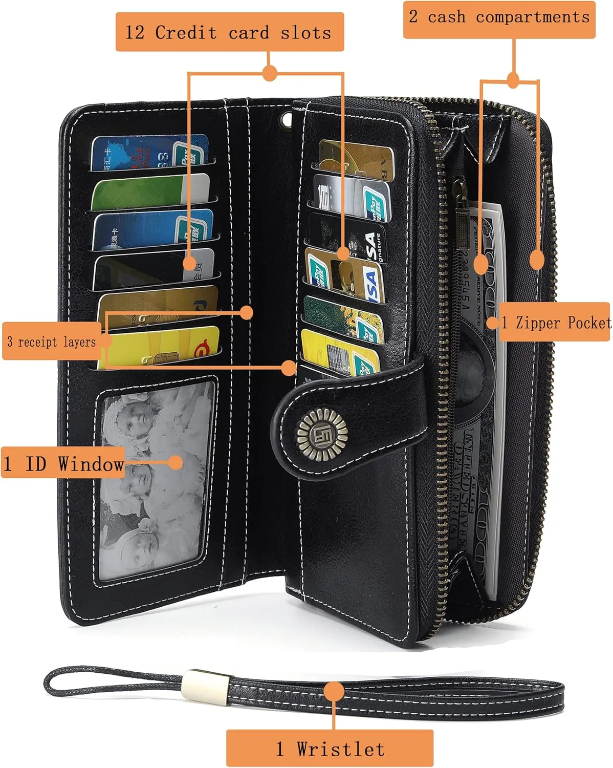 Womens Wallet Leather Large Capacity Card Holder Zipper Wristlet Wallets for Women-black