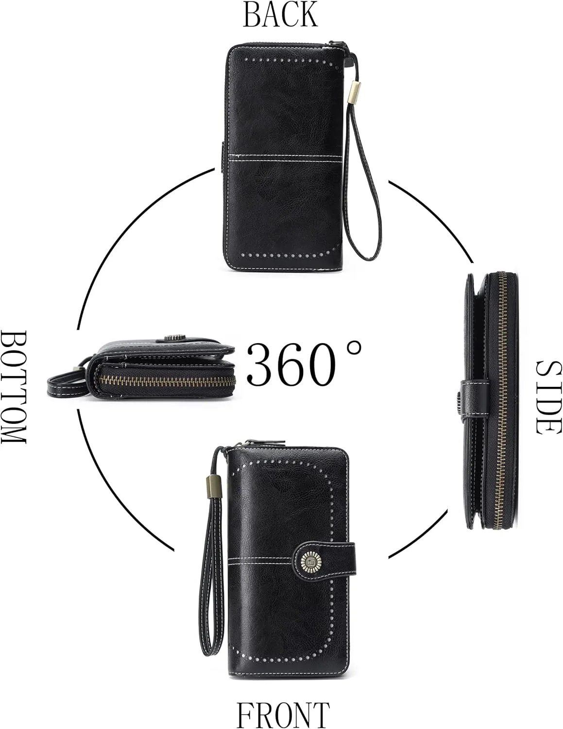 Womens Wallet Leather Large Capacity Card Holder Zipper Wristlet Wallets for Women-black