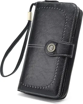 Womens Wallet Leather Large Capacity Card Holder Zipper Wristlet Wallets for Women-black