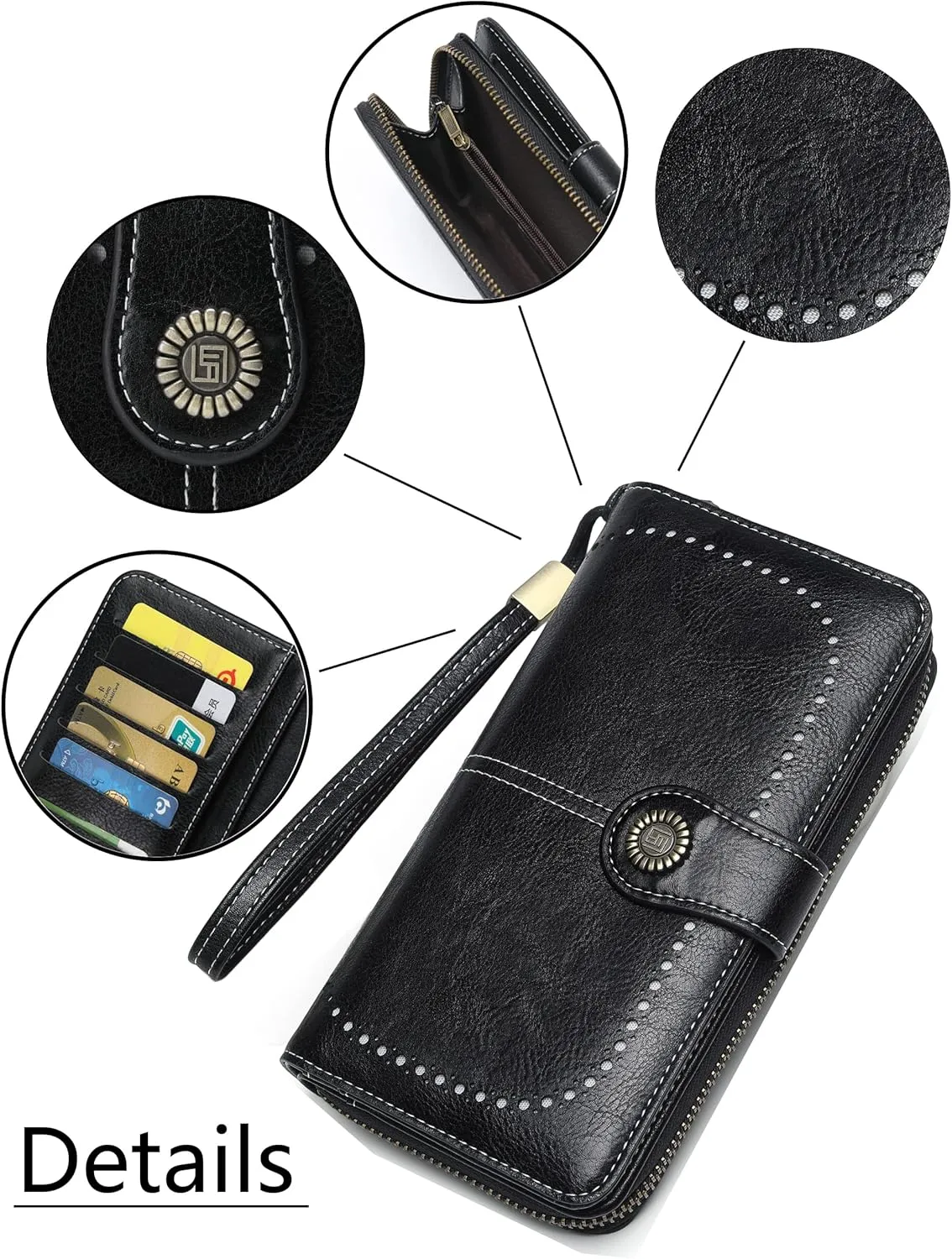 Womens Wallet Leather Large Capacity Card Holder Zipper Wristlet Wallets for Women-black