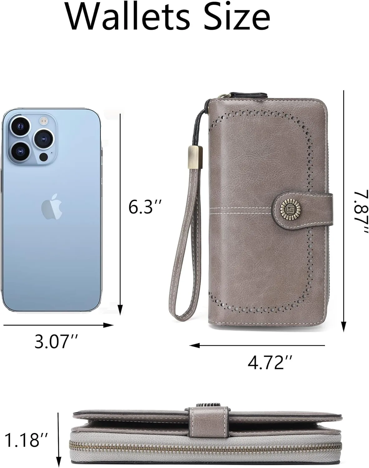 Womens Wallet Leather Large Capacity Card Holder Zipper Wristlet Wallets for Women-grey