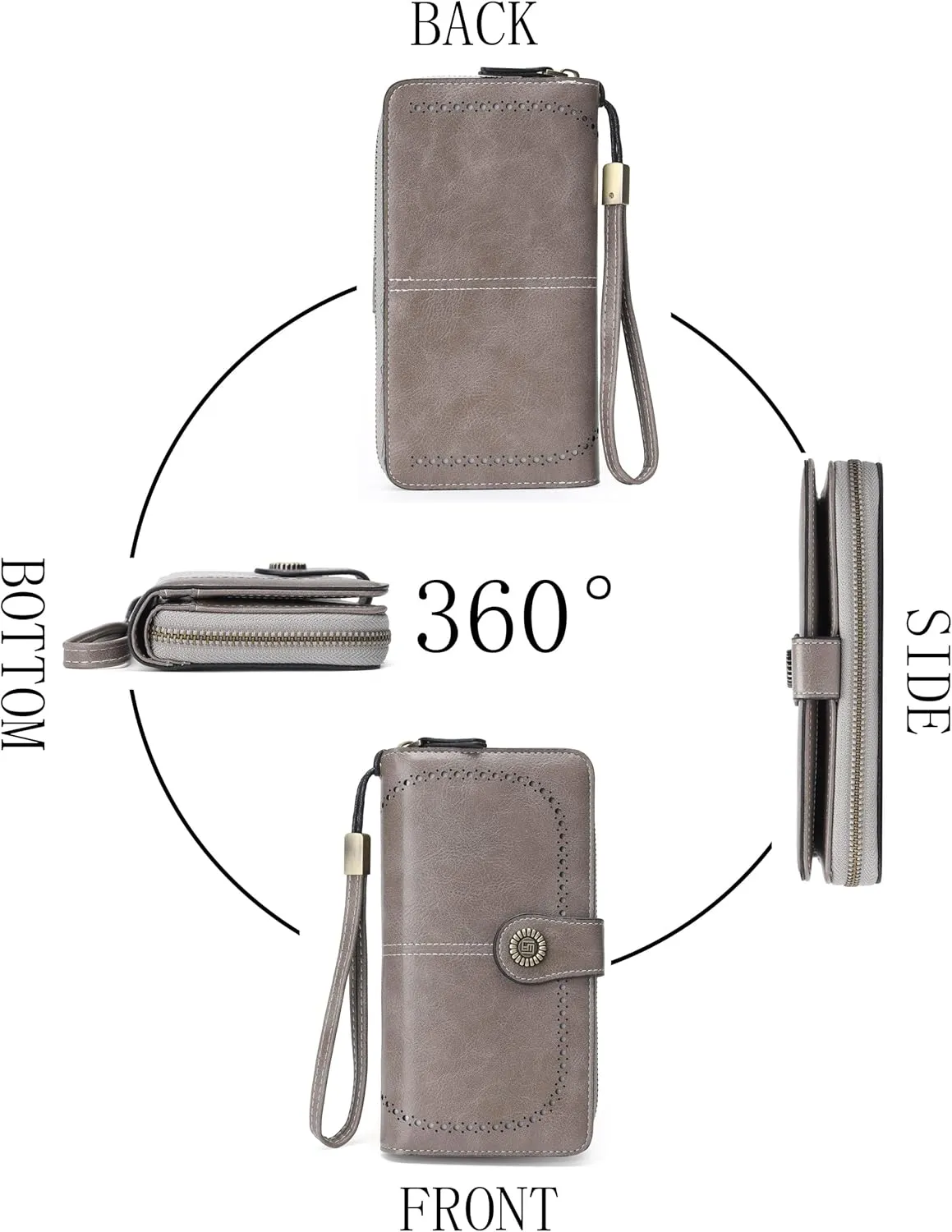 Womens Wallet Leather Large Capacity Card Holder Zipper Wristlet Wallets for Women-grey