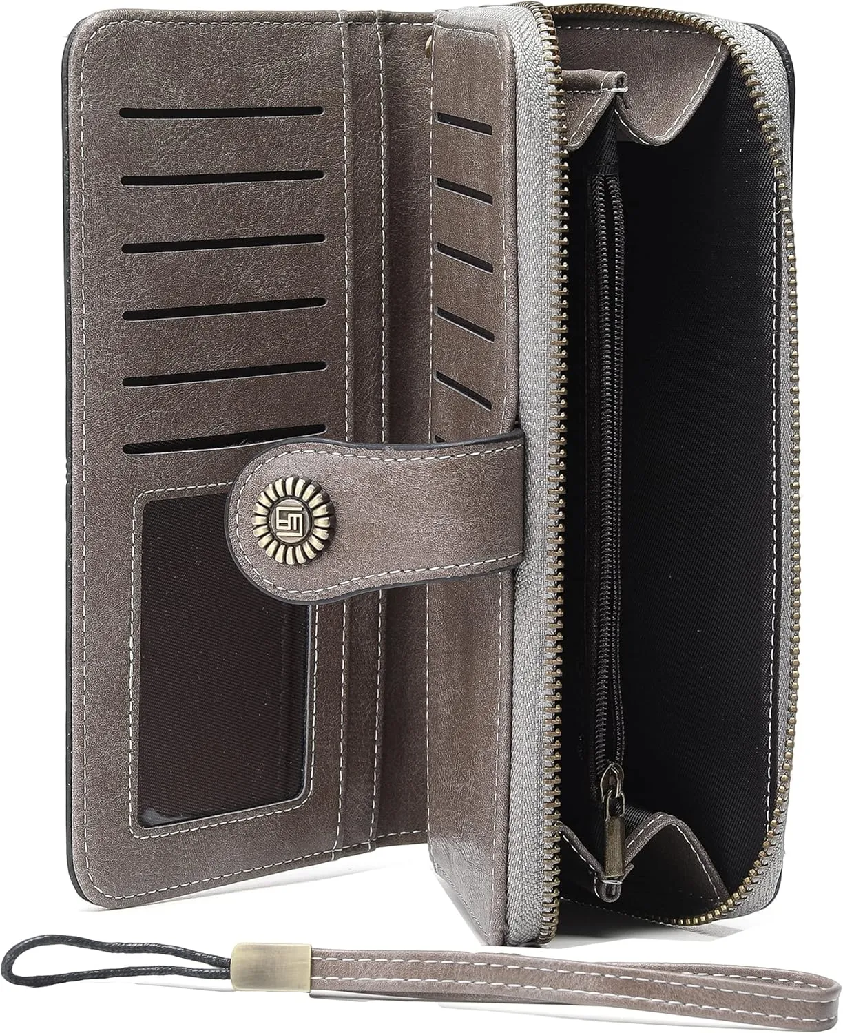 Womens Wallet Leather Large Capacity Card Holder Zipper Wristlet Wallets for Women-grey