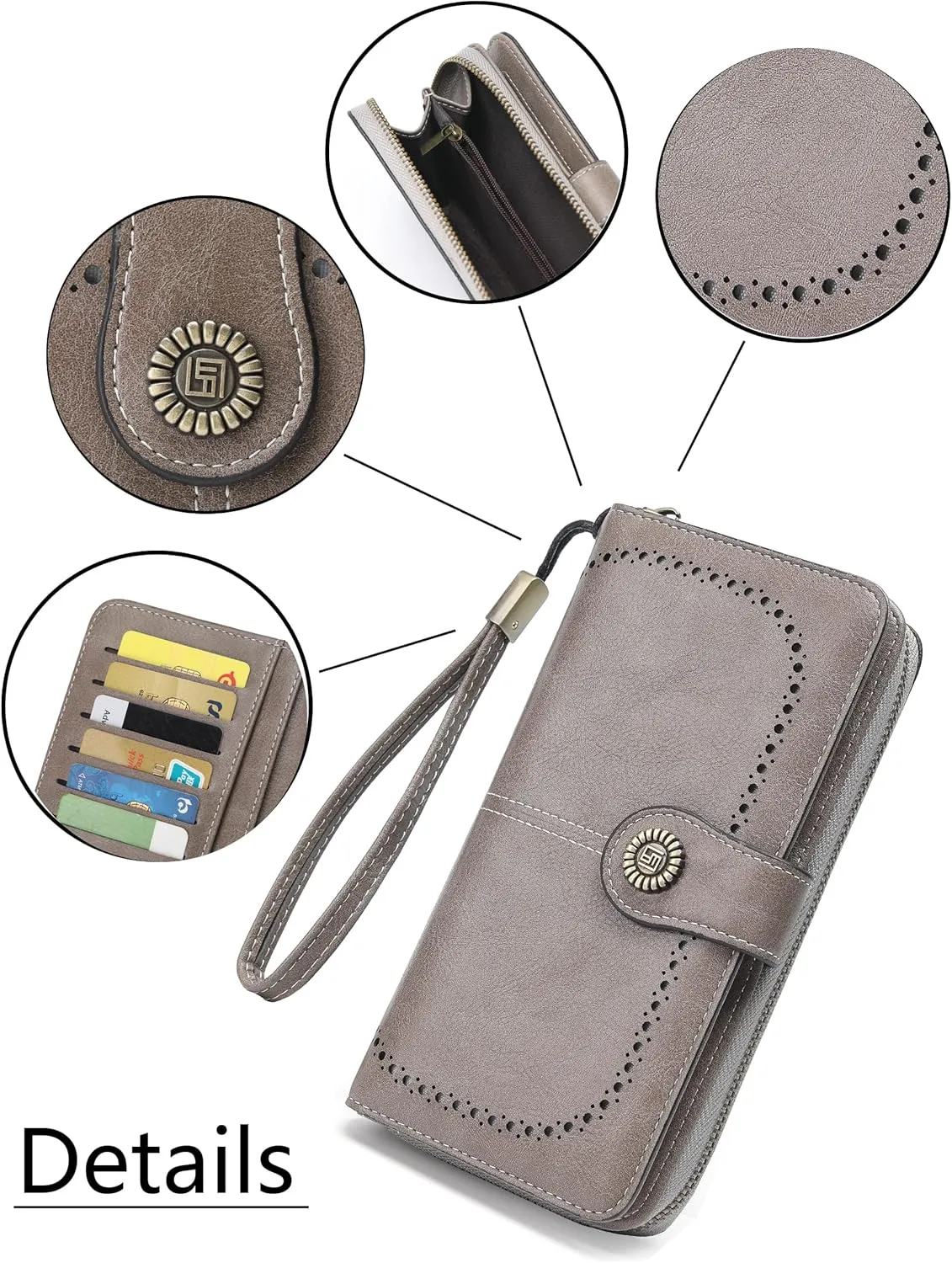 Womens Wallet Leather Large Capacity Card Holder Zipper Wristlet Wallets for Women-grey
