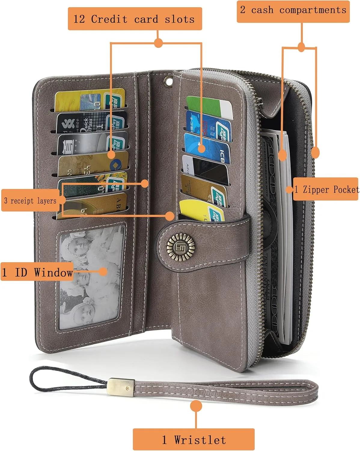 Womens Wallet Leather Large Capacity Card Holder Zipper Wristlet Wallets for Women-grey