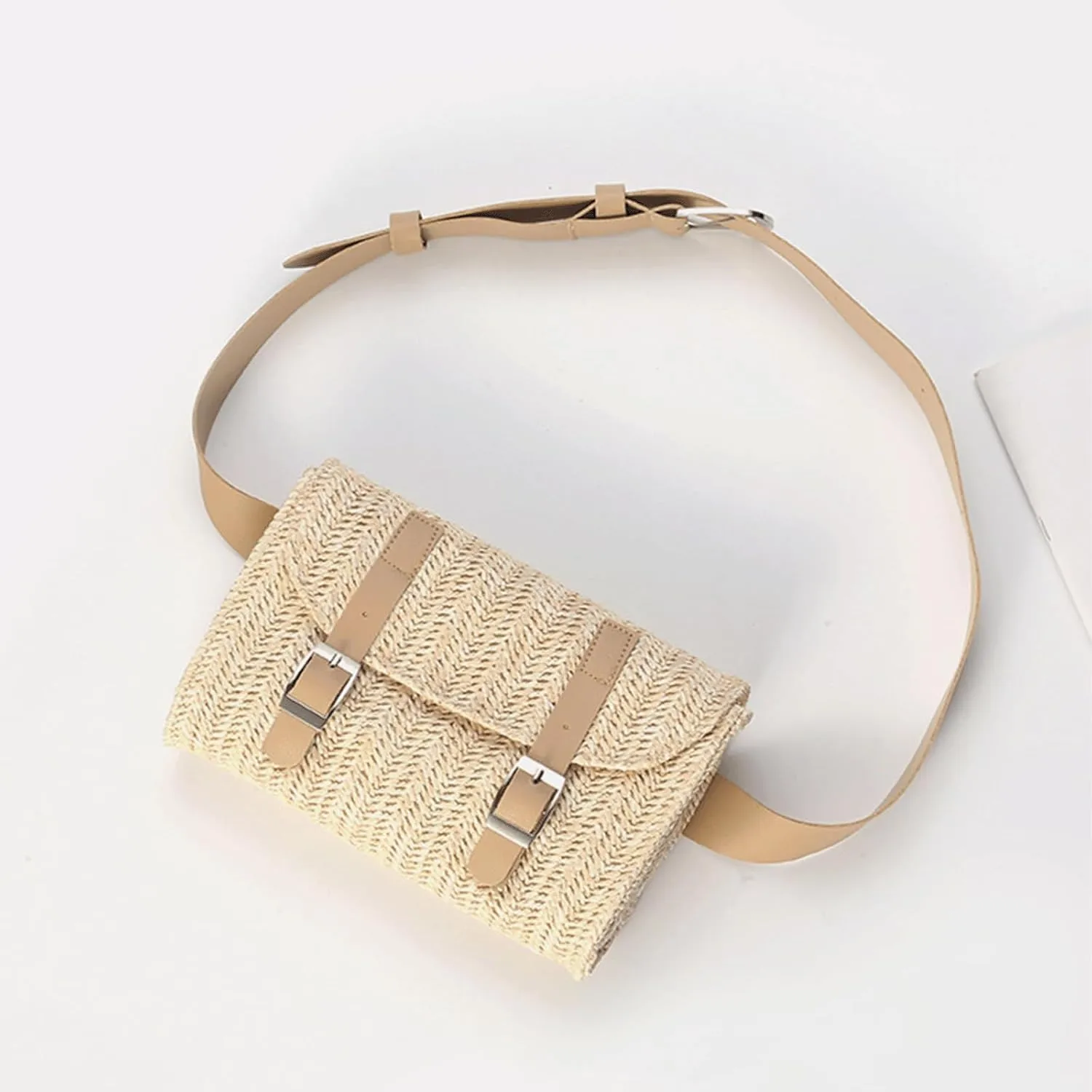 Woven Bum Bag Straw Retro Sling Purse Faux Leather Belt Magnetic Fanny Waist Pack Chest Shoulder Bag Crossbody Bum Bags for Women Travel Daily Use(Brown)