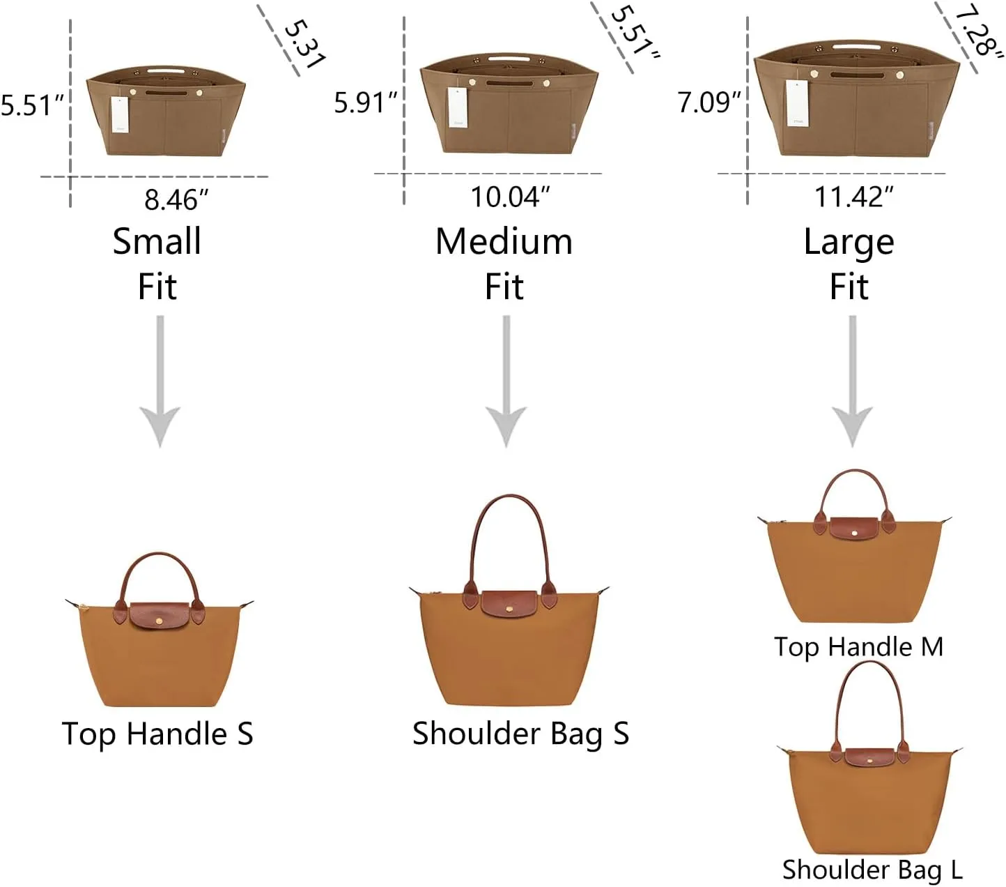 ZTUJO Purse Organizer Insert for le pliage, Compatible with Longchamp Le Pliage Top Handle S/M,Shoulder Bag S/L (Lighting Coffee, Large For Top Handle M and Shoulder Bag L)